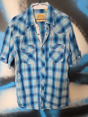 By Lammle's Blue Plaid Short-Sleeve Snap Button-Down Shirt